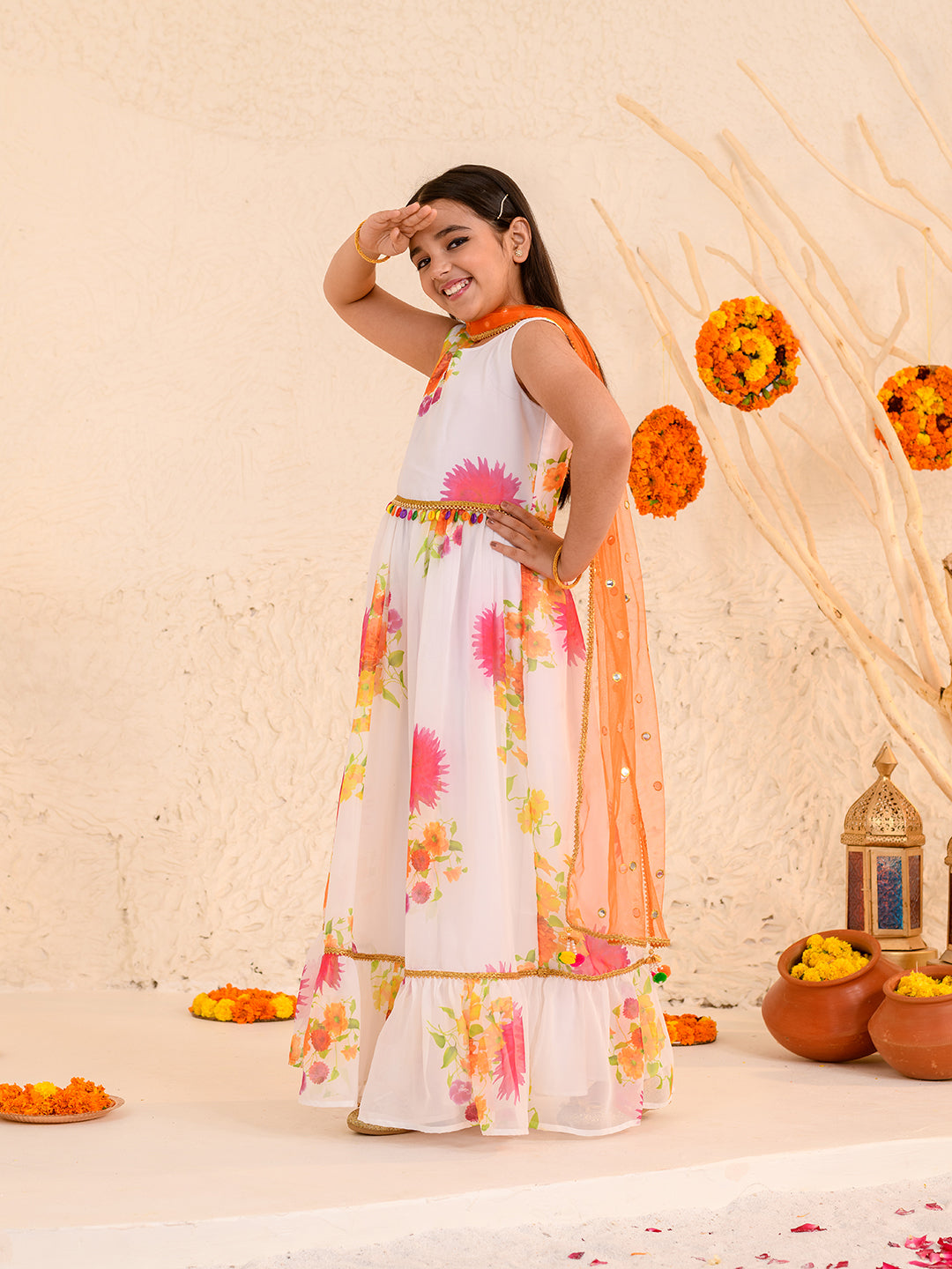Girls Floral Printed Fit Flare Maxi Ethnic Dress With Dupatta (IW-WHITEGGT)