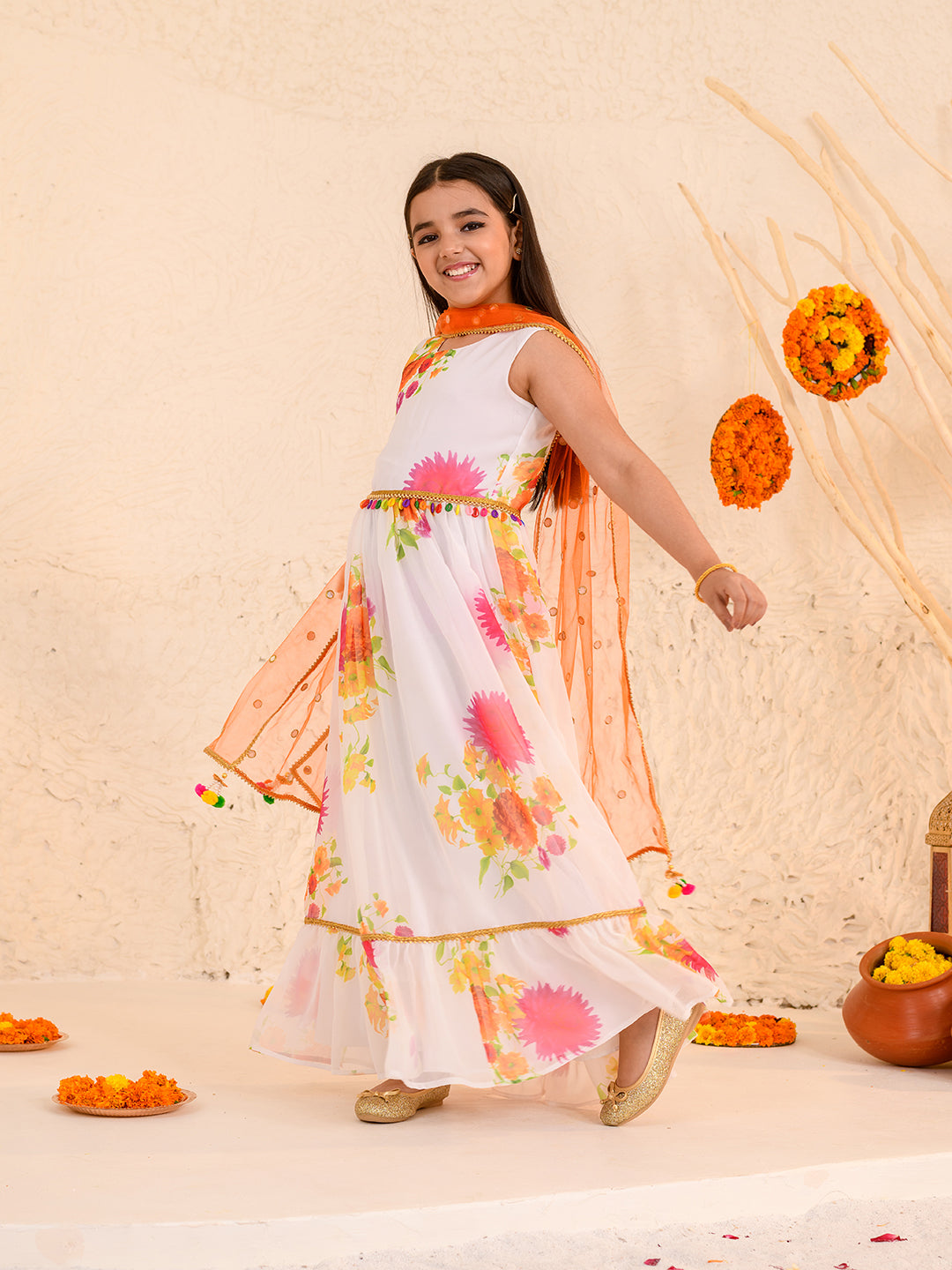 Girls Floral Printed Fit Flare Maxi Ethnic Dress With Dupatta (IW-WHITEGGT)