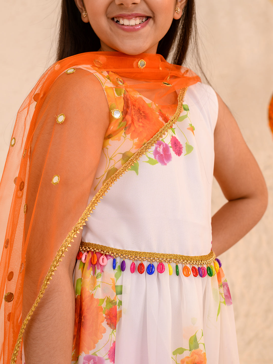 Girls Floral Printed Fit Flare Maxi Ethnic Dress With Dupatta (IW-WHITEGGT)