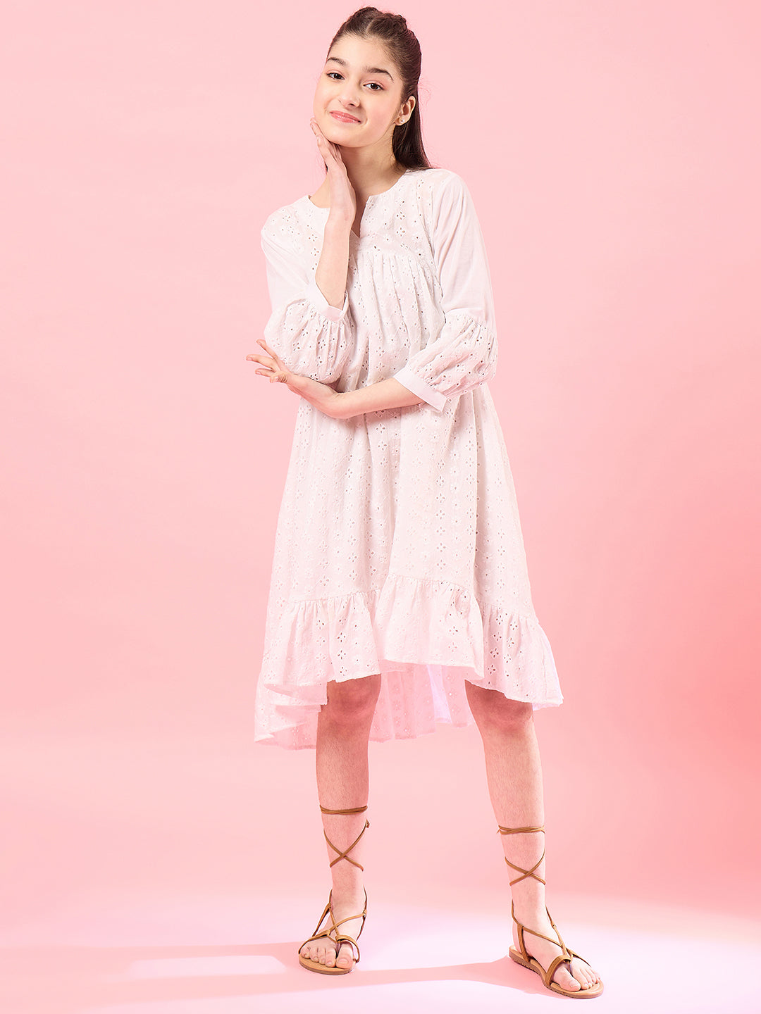 Girls White self design Cotton Notched Neck Puff Sleeves A-Line Midi Dress (IW-WHITESCHIFFLY)