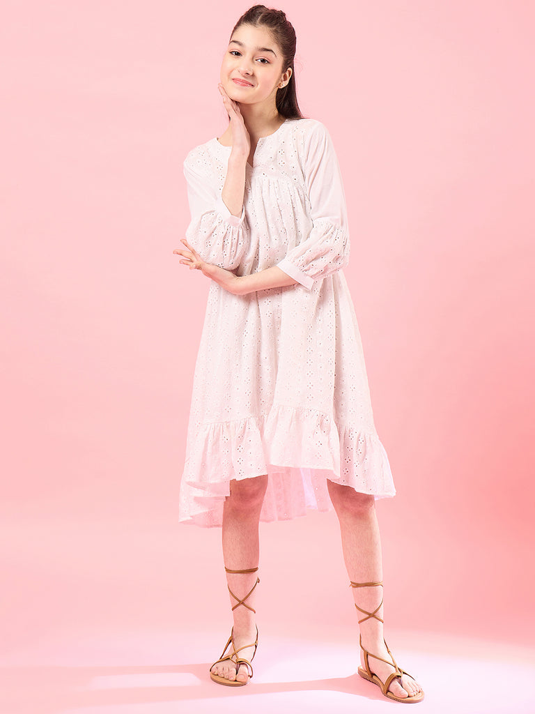 Girls White self design Cotton Notched Neck Puff Sleeves A-Line Midi Dress (IW-WHITESCHIFFLY)