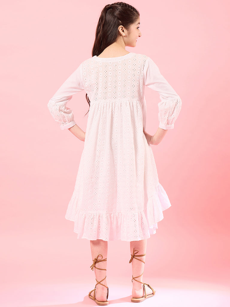 Girls White self design Cotton Notched Neck Puff Sleeves A-Line Midi Dress (IW-WHITESCHIFFLY)