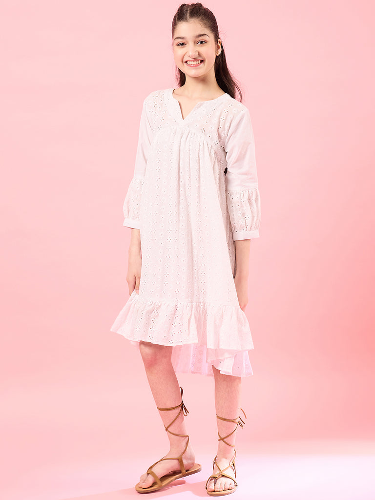 Girls White self design Cotton Notched Neck Puff Sleeves A-Line Midi Dress (IW-WHITESCHIFFLY)