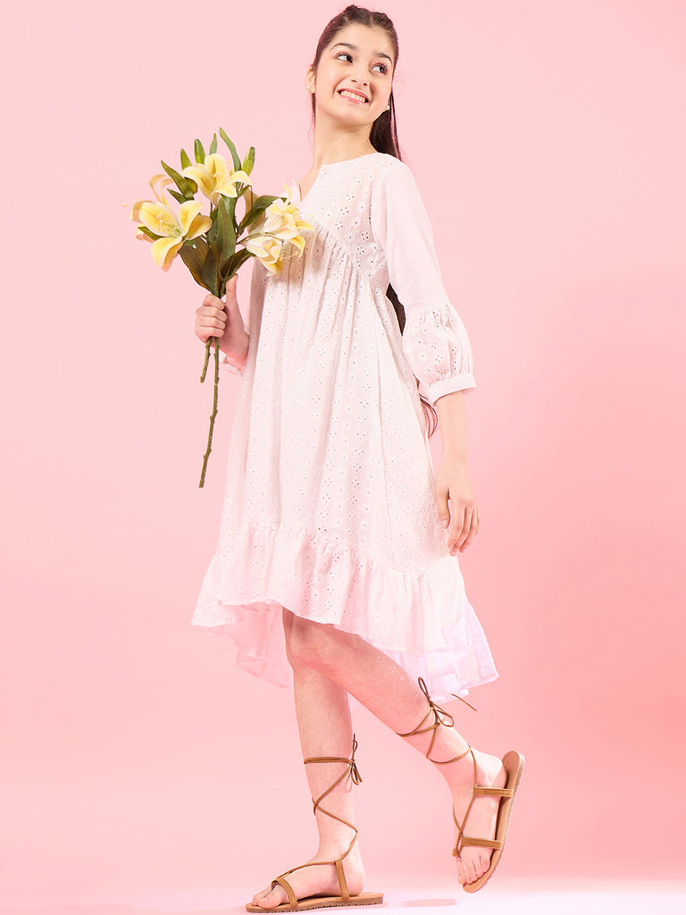 Girls White self design Cotton Notched Neck Puff Sleeves A-Line Midi Dress (IW-WHITESCHIFFLY)