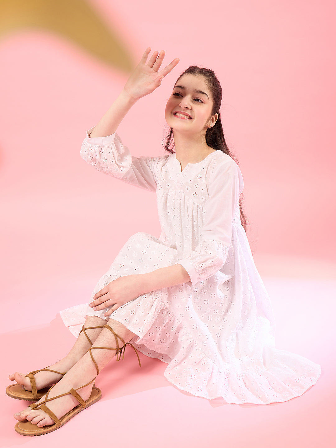 Girls White self design Cotton Notched Neck Puff Sleeves A-Line Midi Dress (IW-WHITESCHIFFLY)