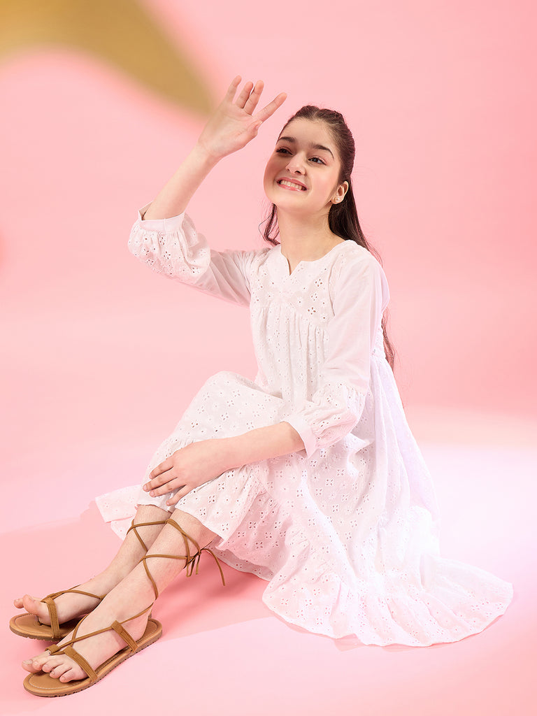 Girls White self design Cotton Notched Neck Puff Sleeves A-Line Midi Dress (IW-WHITESCHIFFLY)