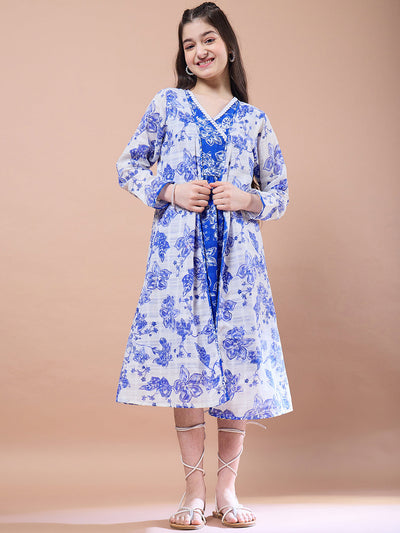 Girls Blue floral print a-line dress V-Neck Long Sleeves Midi Dress With Shrug (IW-WHITESLUB)
