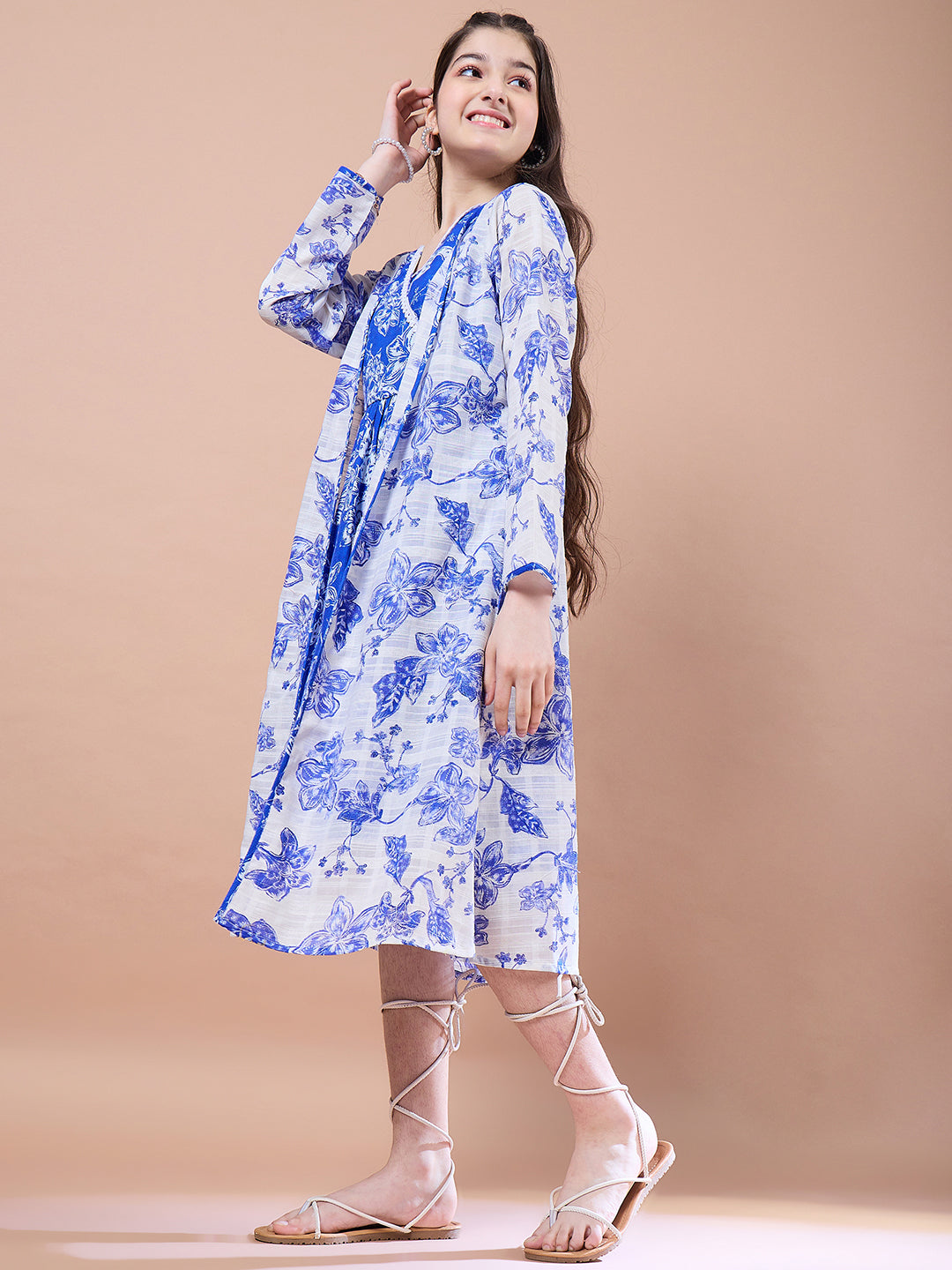 Girls Blue floral print a-line dress V-Neck Long Sleeves Midi Dress With Shrug (IW-WHITESLUB)