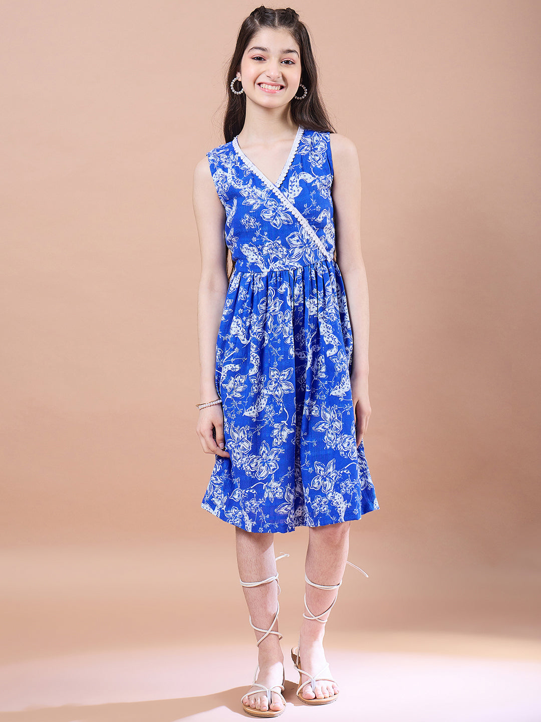 Girls Blue floral print a-line dress V-Neck Long Sleeves Midi Dress With Shrug (IW-WHITESLUB)