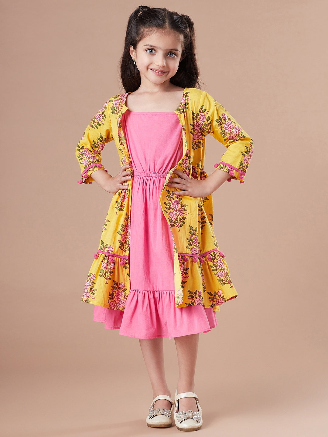 Girls Print Fit & Flare Dress With Shrug (IW-YELLOWBOOTACAPE)