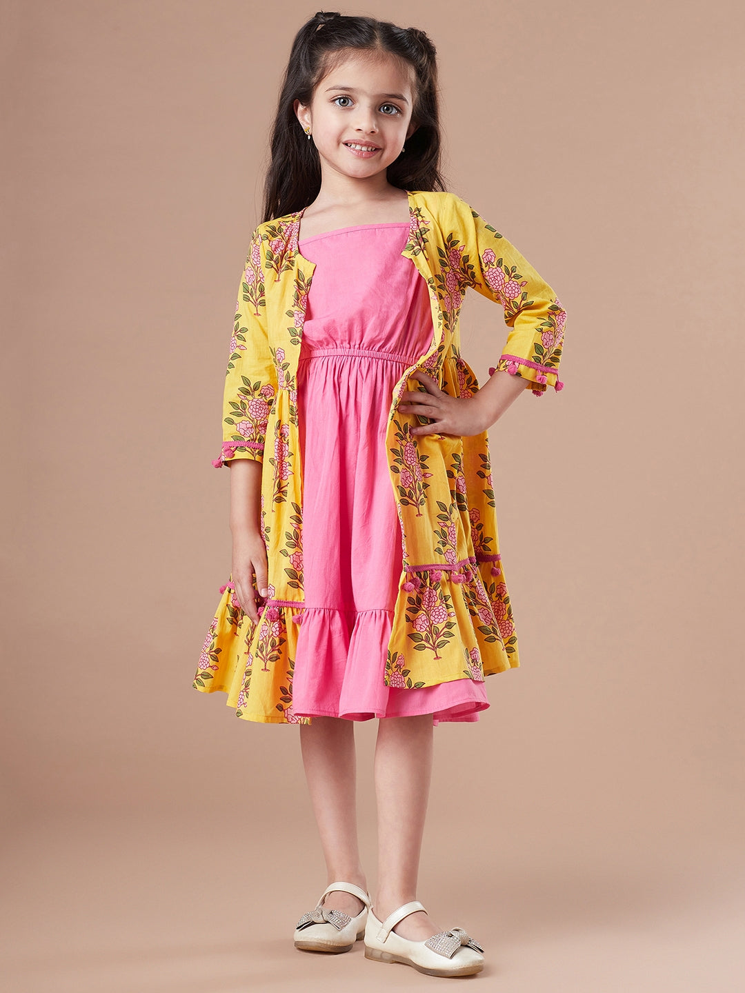 Girls Print Fit & Flare Dress With Shrug (IW-YELLOWBOOTACAPE)