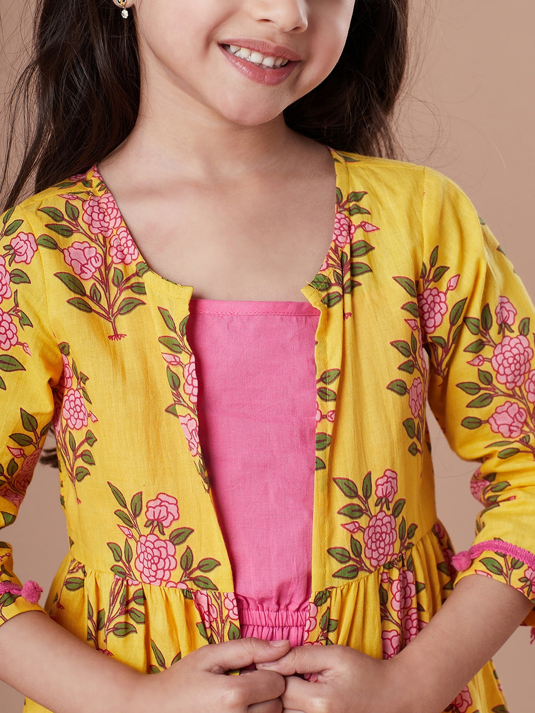 Girls Print Fit & Flare Dress With Shrug (IW-YELLOWBOOTACAPE)