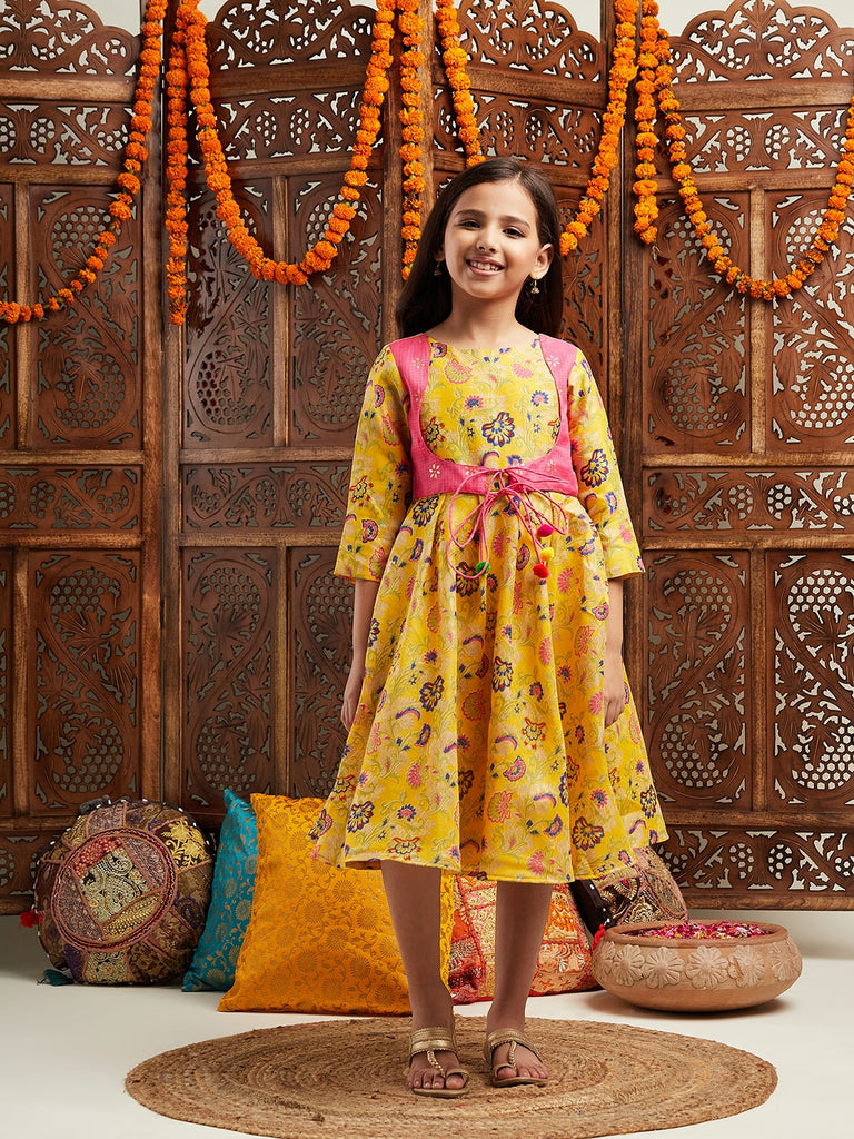 Pspeaches Girls Printed Cotton Fit & Flare Cotton Ethnic Dress (IW-YELLOWBROCADE)
