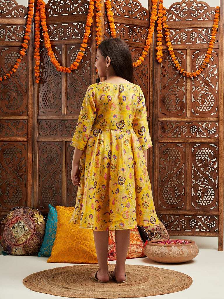 Pspeaches Girls Printed Cotton Fit & Flare Cotton Ethnic Dress (IW-YELLOWBROCADE)