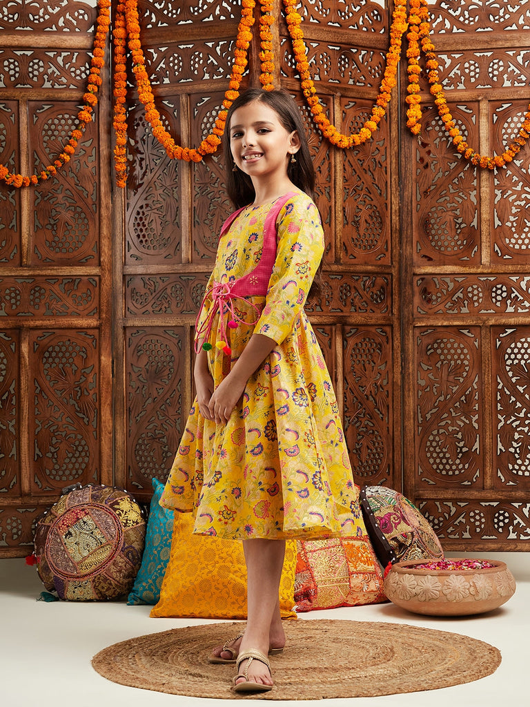 Pspeaches Girls Printed Cotton Fit & Flare Cotton Ethnic Dress (IW-YELLOWBROCADE)