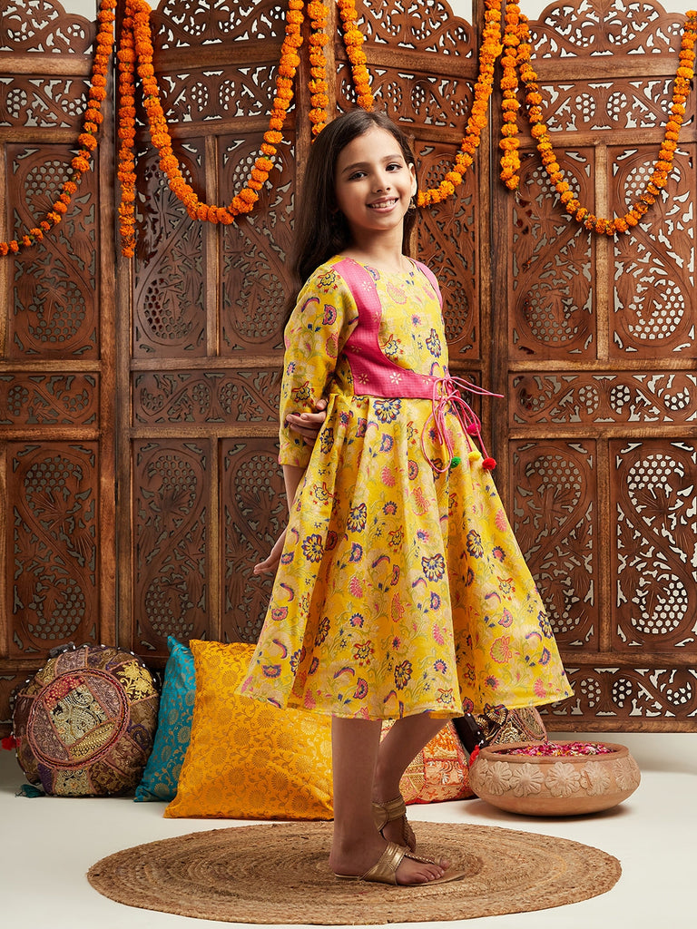 Pspeaches Girls Printed Cotton Fit & Flare Cotton Ethnic Dress (IW-YELLOWBROCADE)