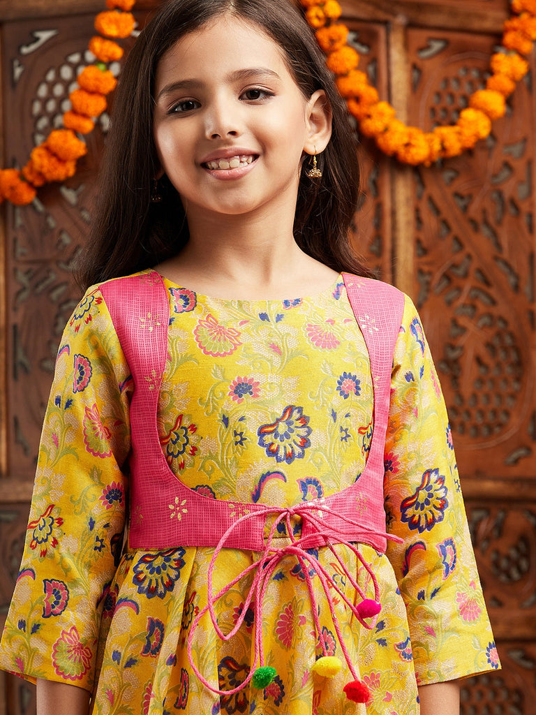 Pspeaches Girls Printed Cotton Fit & Flare Cotton Ethnic Dress (IW-YELLOWBROCADE)