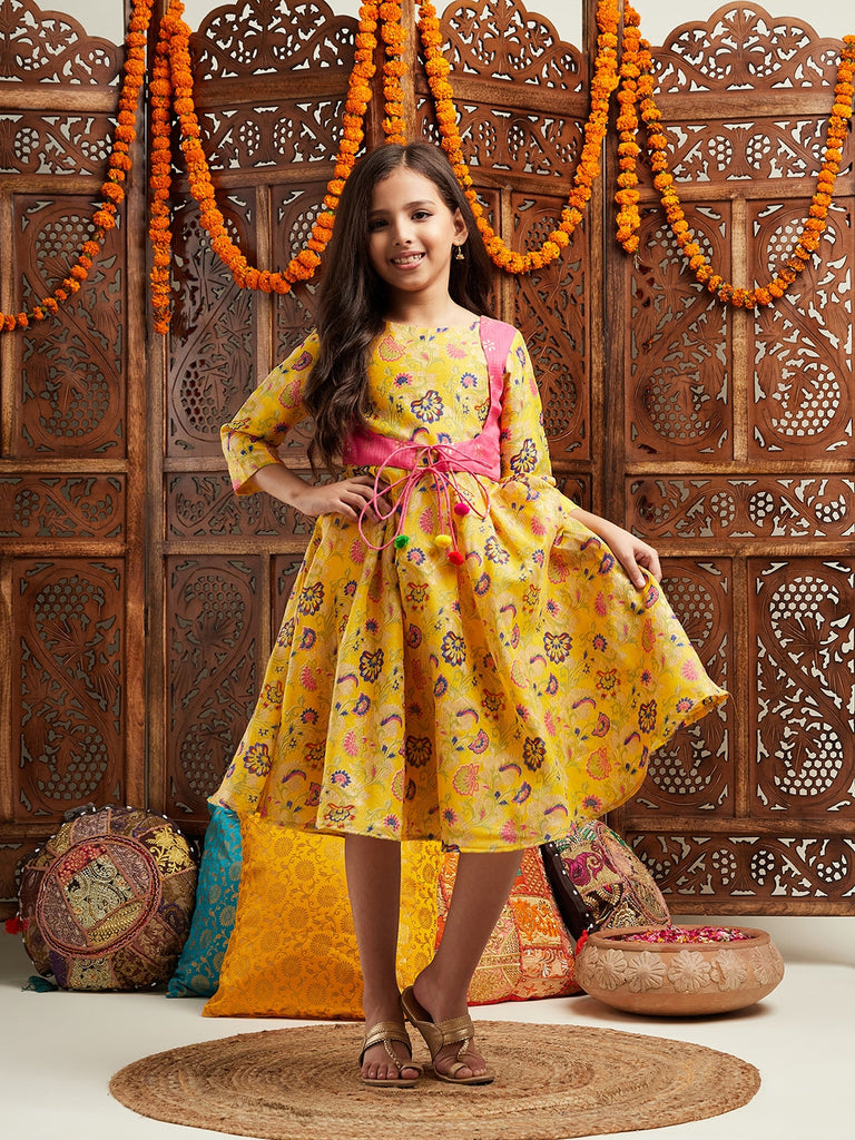 Pspeaches Girls Printed Cotton Fit & Flare Cotton Ethnic Dress (IW-YELLOWBROCADE)