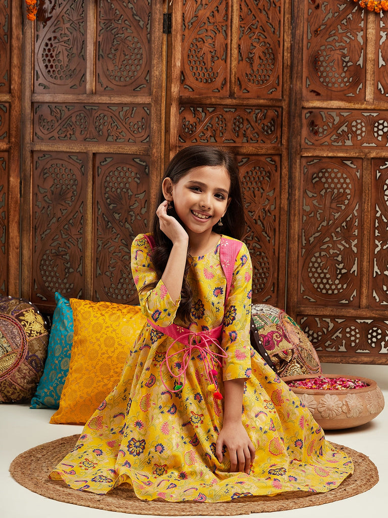 Pspeaches Girls Printed Cotton Fit & Flare Cotton Ethnic Dress (IW-YELLOWBROCADE)