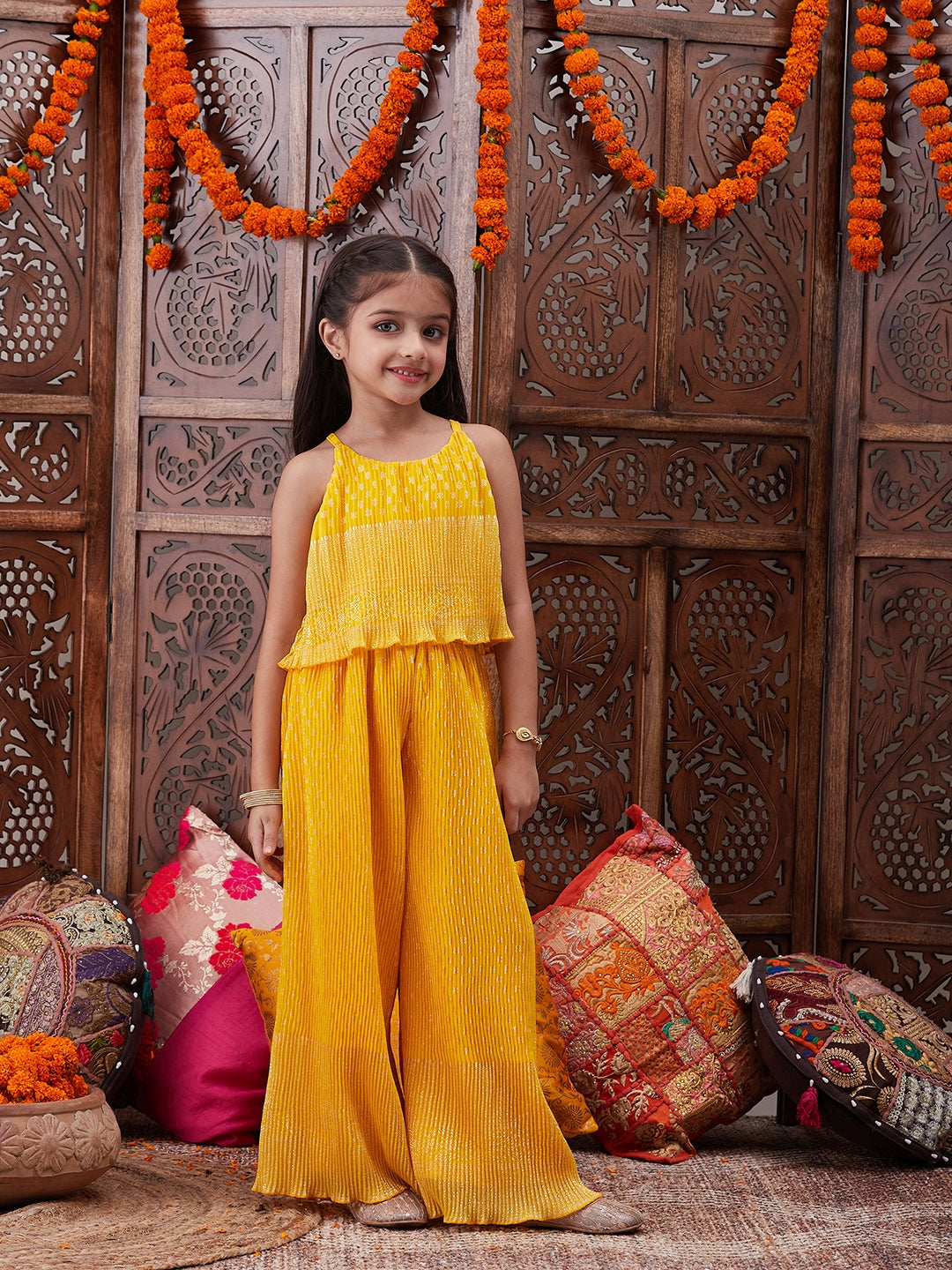 Girls Floral Printed Shoulder Straps Top With Palazzos (IW-YELLOWCOORD)