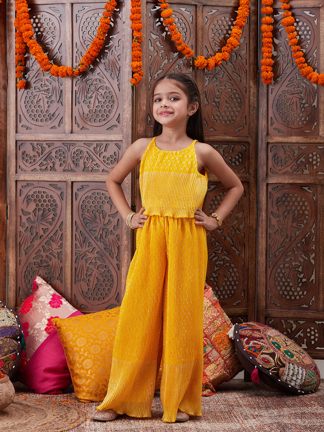 Girls Floral Printed Shoulder Straps Top With Palazzos (IW-YELLOWCOORD)
