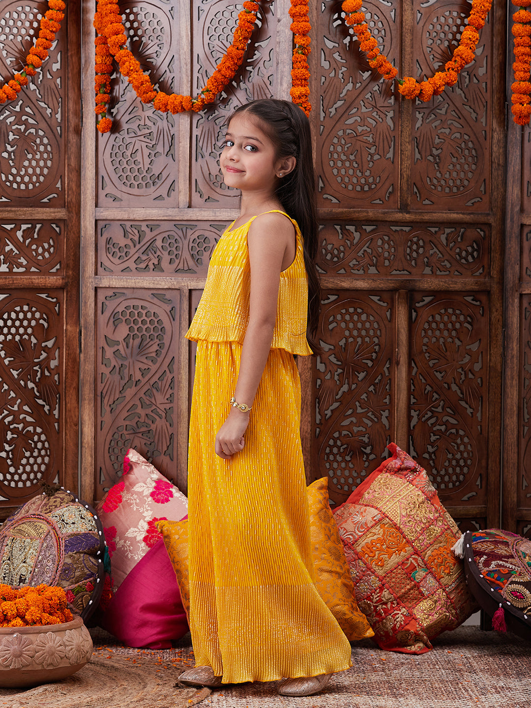 Girls Floral Printed Shoulder Straps Top With Palazzos (IW-YELLOWCOORD)