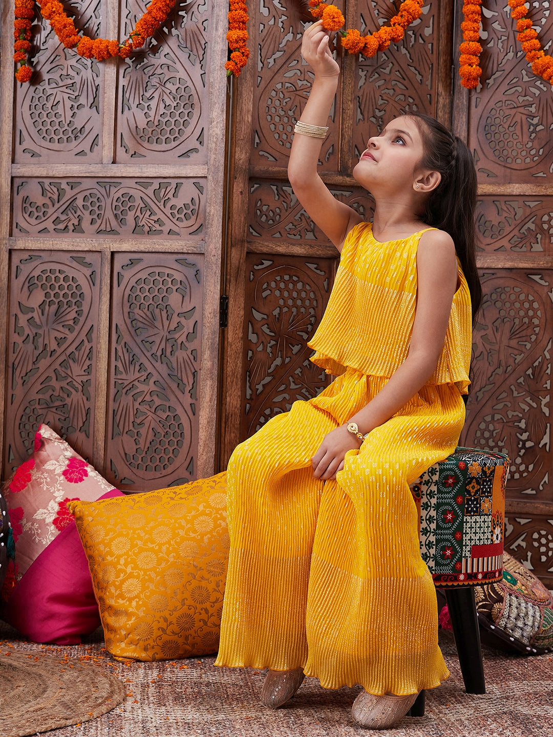 Girls Floral Printed Shoulder Straps Top With Palazzos (IW-YELLOWCOORD)