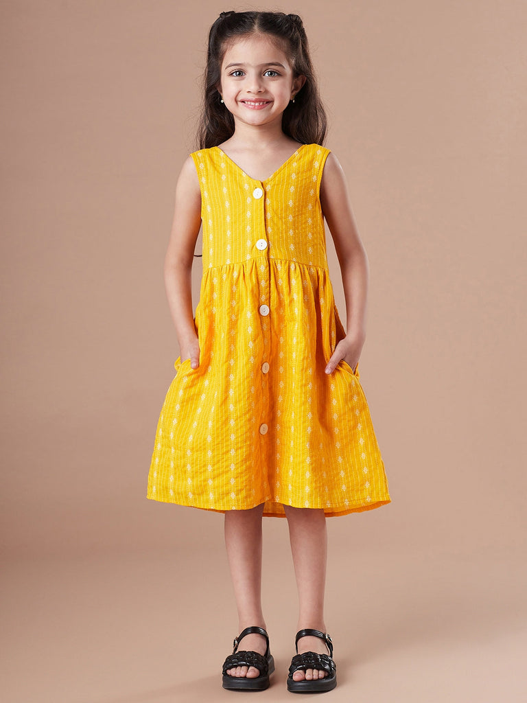 Girls V-Neck Ethnic Motifs Printed Cotton A-Line Dress (IW-YELLOWDOBBY)