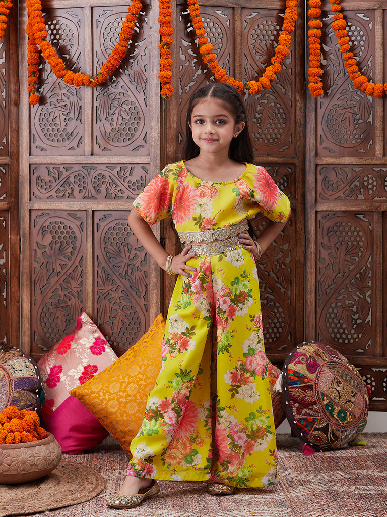 Pspeaches Girls Floral Printed Top With Palazzos (IW-YELLOWGGT)