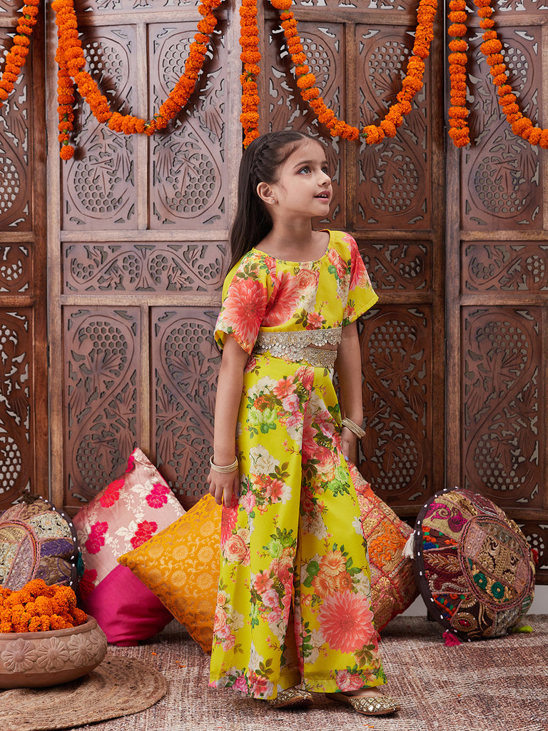 Pspeaches Girls Floral Printed Top With Palazzos (IW-YELLOWGGT)