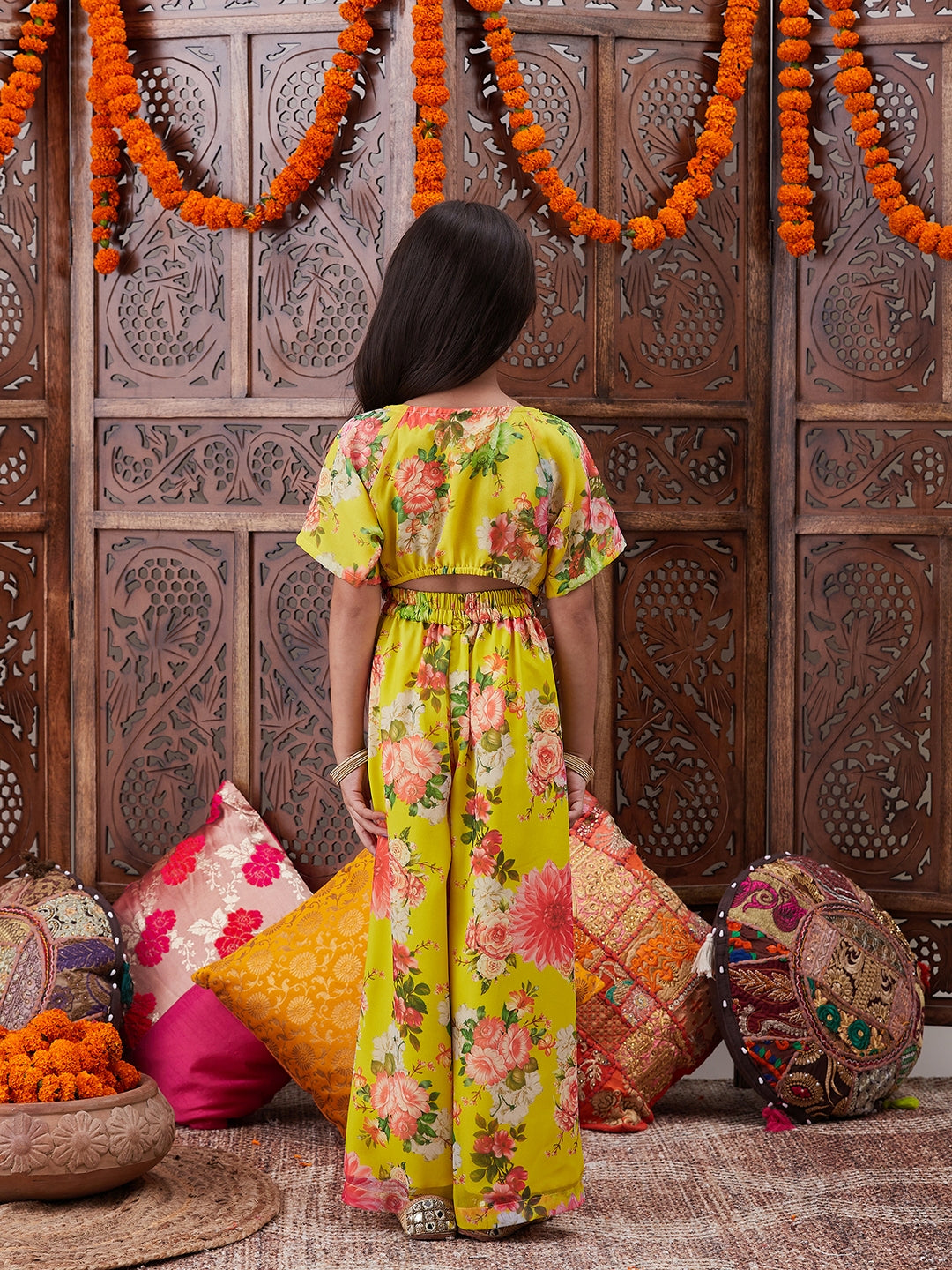 Pspeaches Girls Floral Printed Top With Palazzos (IW-YELLOWGGT)