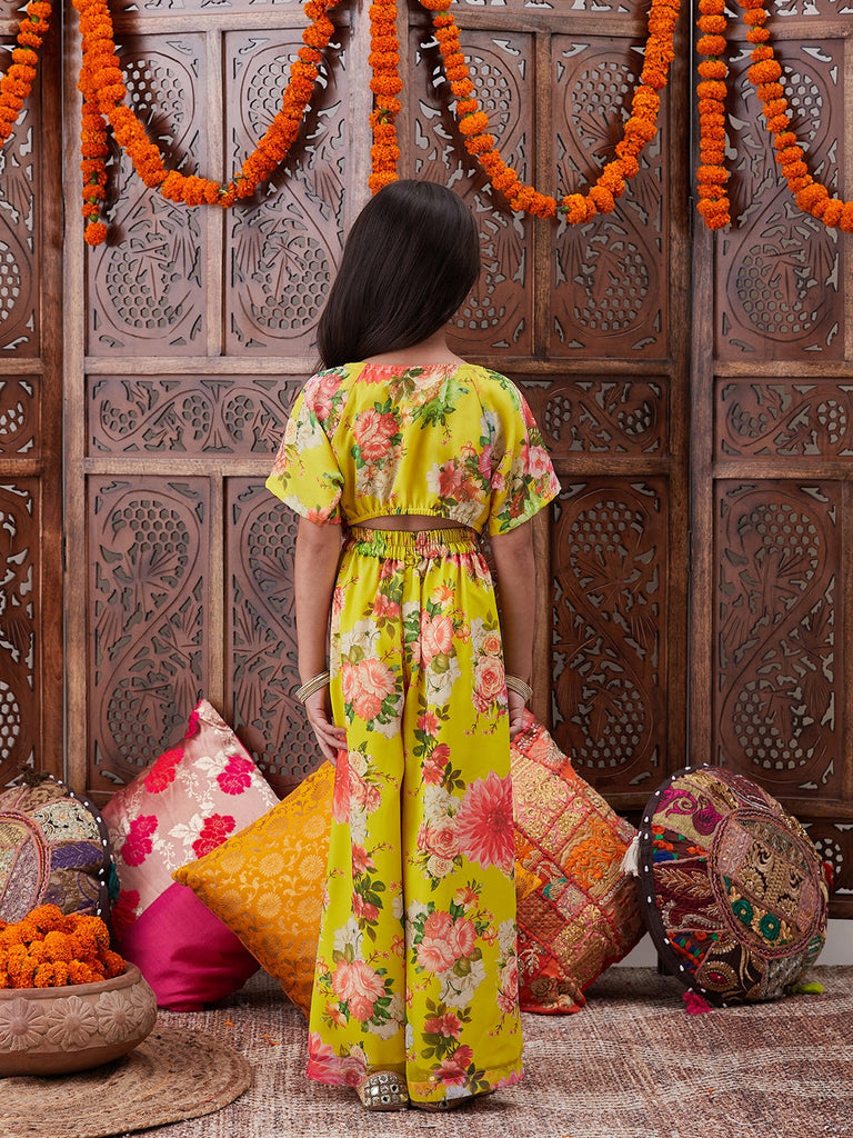 Pspeaches Girls Floral Printed Top With Palazzos (IW-YELLOWGGT)