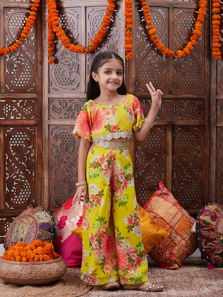 Pspeaches Girls Floral Printed Top With Palazzos (IW-YELLOWGGT)
