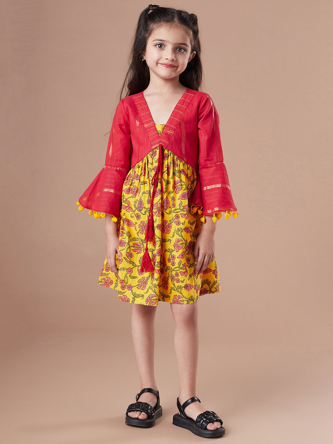 Floral Printed Bell Sleeve Cotton A-Line Dress (IW-YELLOWJAALLUREX)