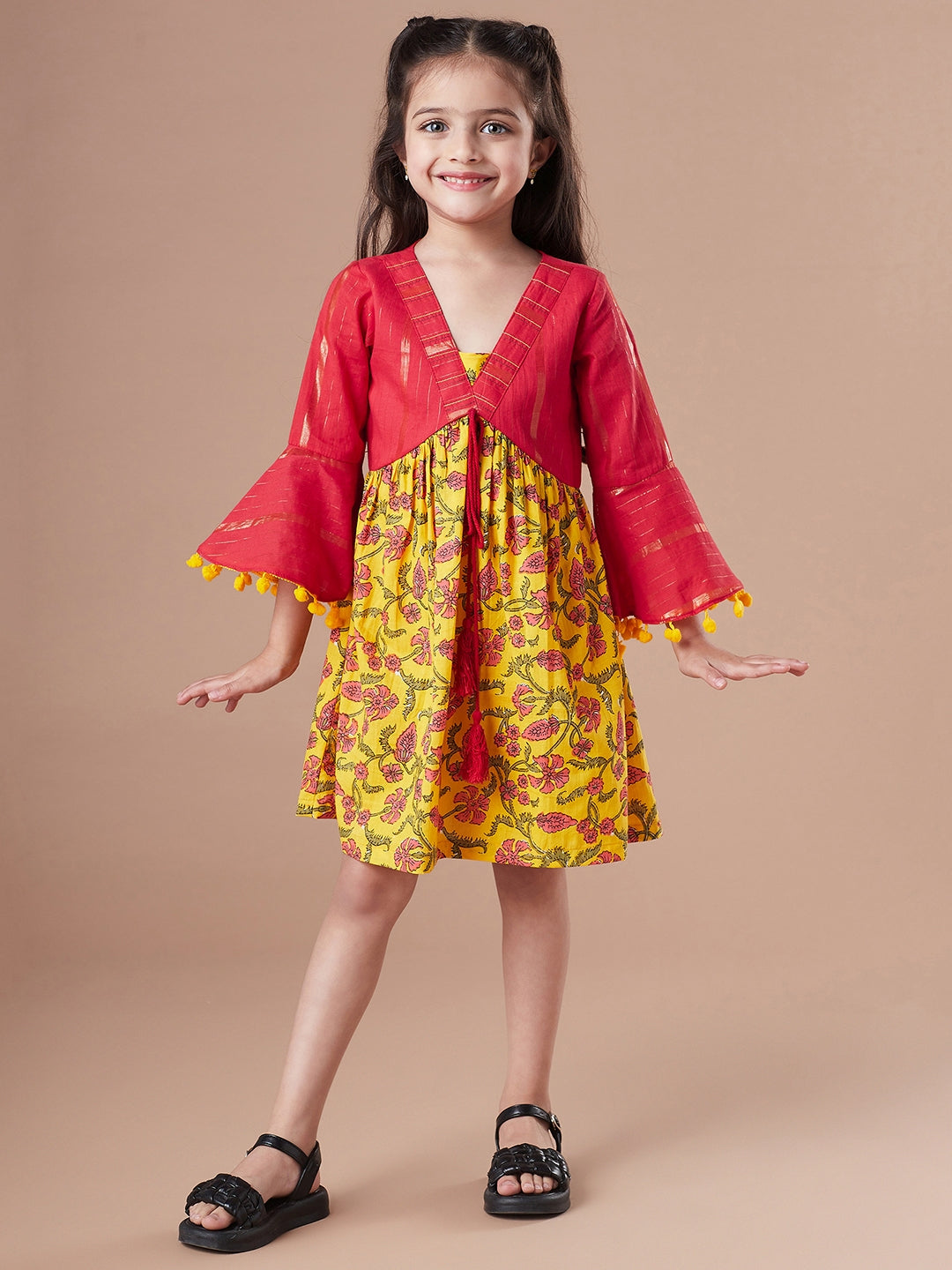 Floral Printed Bell Sleeve Cotton A-Line Dress (IW-YELLOWJAALLUREX)