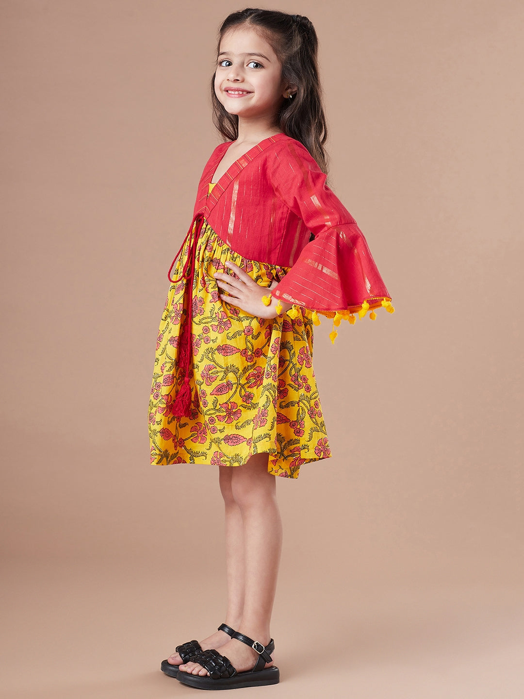 Floral Printed Bell Sleeve Cotton A-Line Dress (IW-YELLOWJAALLUREX)