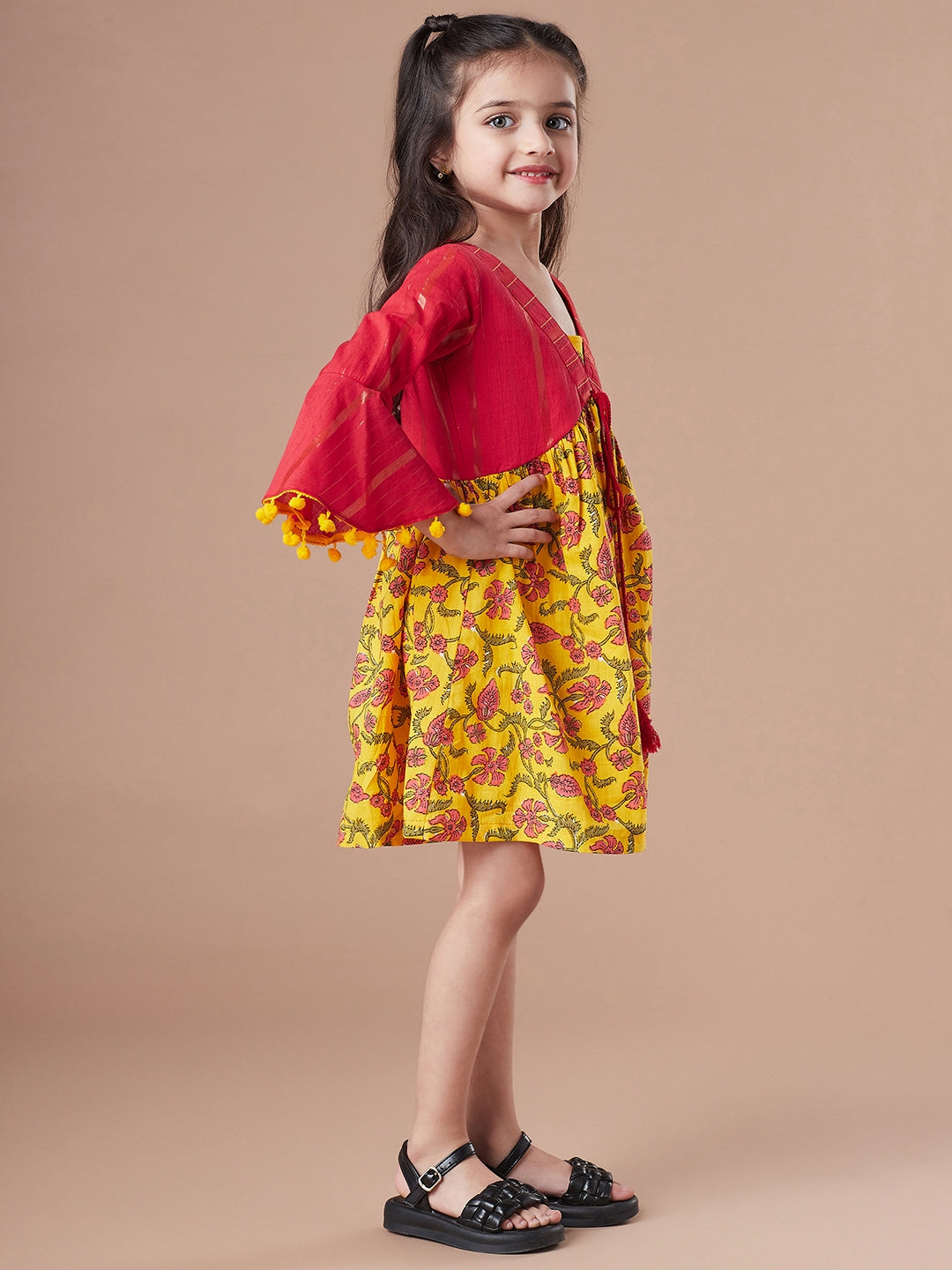 Floral Printed Bell Sleeve Cotton A-Line Dress (IW-YELLOWJAALLUREX)