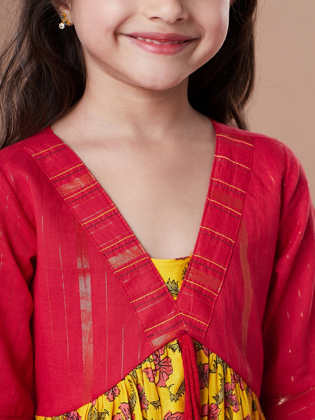 Floral Printed Bell Sleeve Cotton A-Line Dress (IW-YELLOWJAALLUREX)