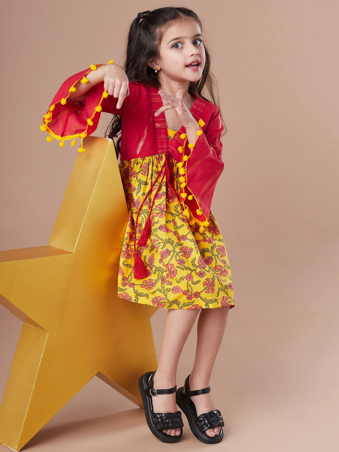 Floral Printed Bell Sleeve Cotton A-Line Dress (IW-YELLOWJAALLUREX)