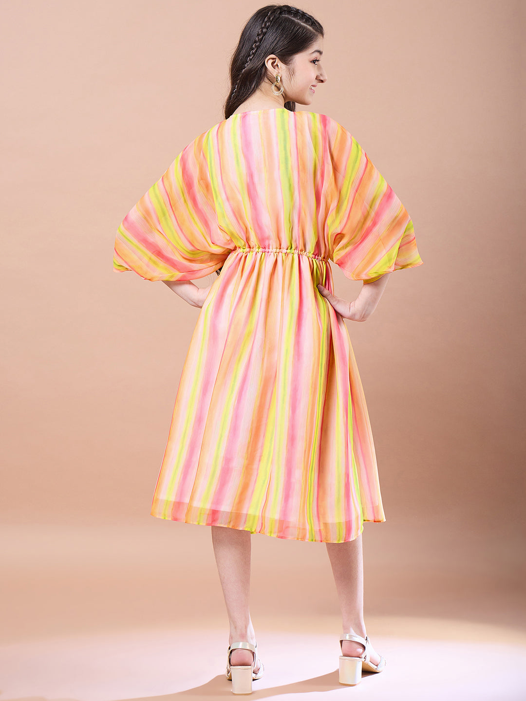 Girls Yellow striped a-line dress Striped Georgette V-Neck Kimono Sleeves Midi Dress (IW-YELLOWKAFTAN)
