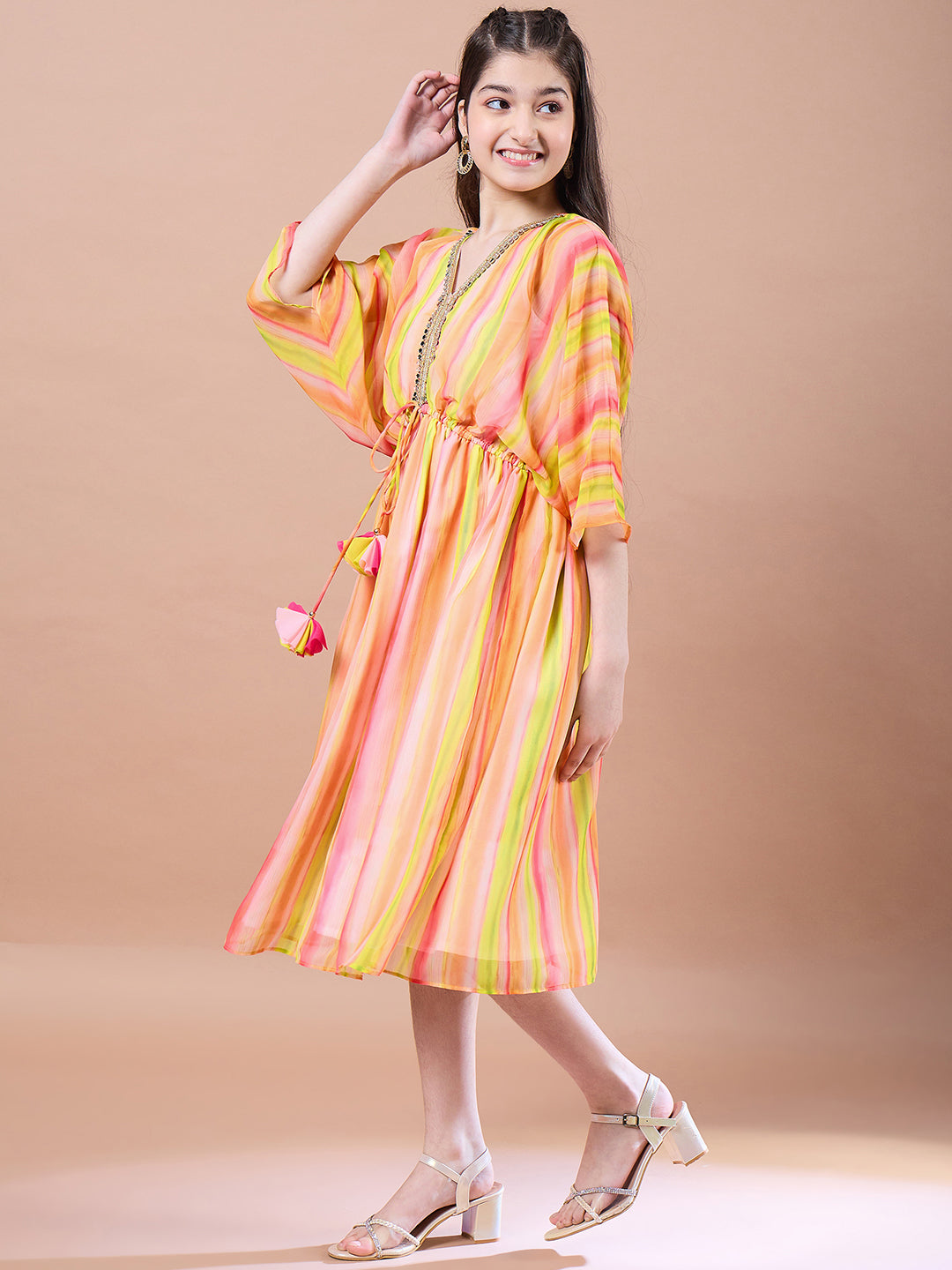 Girls Yellow striped a-line dress Striped Georgette V-Neck Kimono Sleeves Midi Dress (IW-YELLOWKAFTAN)