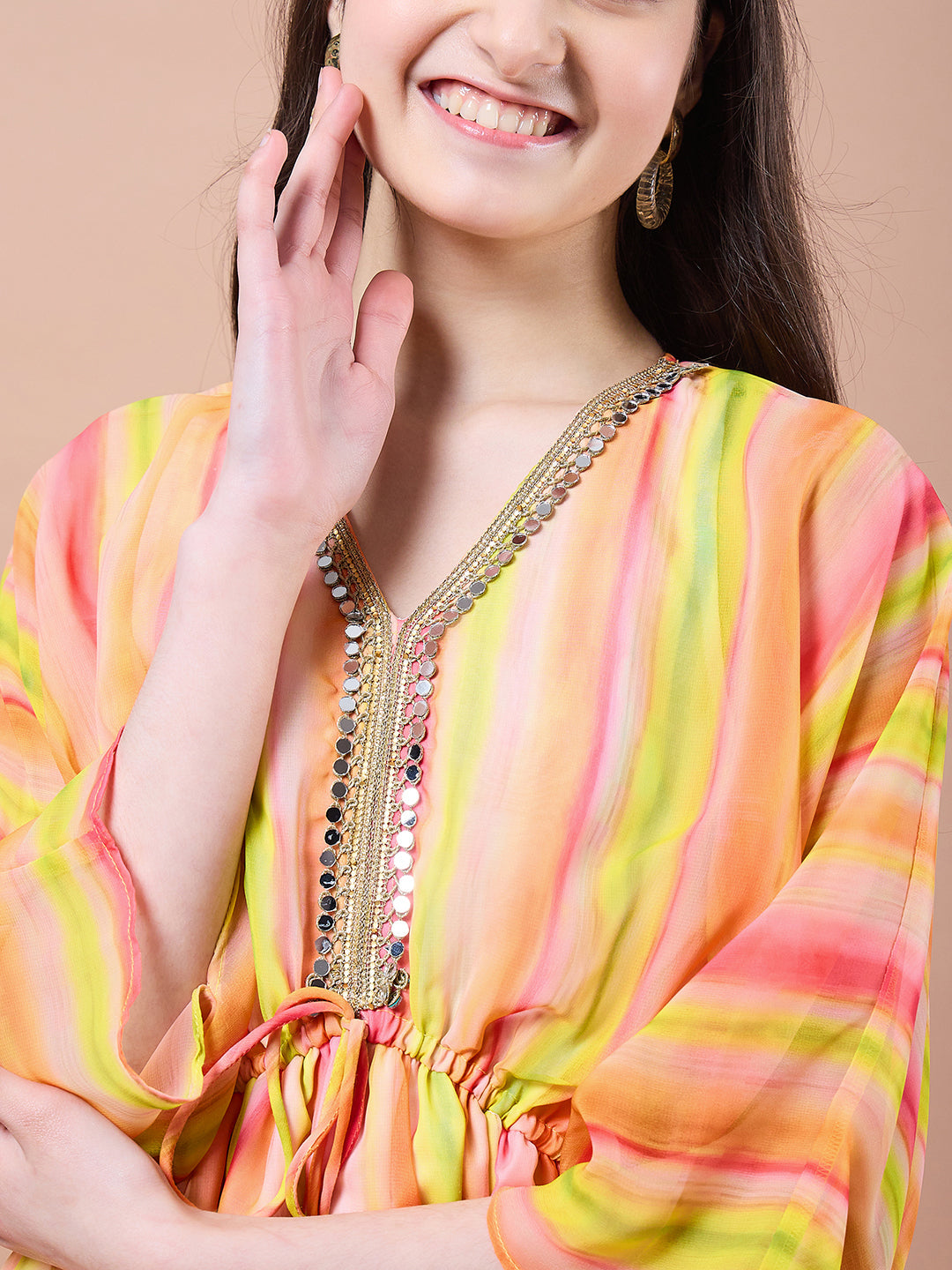 Girls Yellow striped a-line dress Striped Georgette V-Neck Kimono Sleeves Midi Dress (IW-YELLOWKAFTAN)