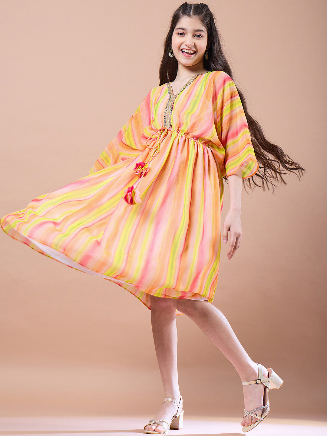 Girls Yellow striped a-line dress Striped Georgette V-Neck Kimono Sleeves Midi Dress (IW-YELLOWKAFTAN)