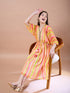 Girls Yellow striped a-line dress Striped Georgette V-Neck Kimono Sleeves Midi Dress (IW-YELLOWKAFTAN)