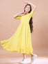 Girls Yellow self design dress Cotton V-Neck Short Sleeves Fit & Flare Midi Dress (IW-YELLOWKOTASCHIFFLY)