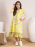 Girls Yellow ,white & black floral printed a-line dress V-neck Three-quarter sleeves Cotton A-Line Midi Dress (IW-YELLOWLEAF)