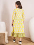 Girls Yellow ,white & black floral printed a-line dress V-neck Three-quarter sleeves Cotton A-Line Midi Dress (IW-YELLOWLEAF)