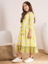 Girls Yellow ,white & black floral printed a-line dress V-neck Three-quarter sleeves Cotton A-Line Midi Dress (IW-YELLOWLEAF)