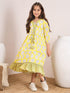Girls Yellow ,white & black floral printed a-line dress V-neck Three-quarter sleeves Cotton A-Line Midi Dress (IW-YELLOWLEAF)