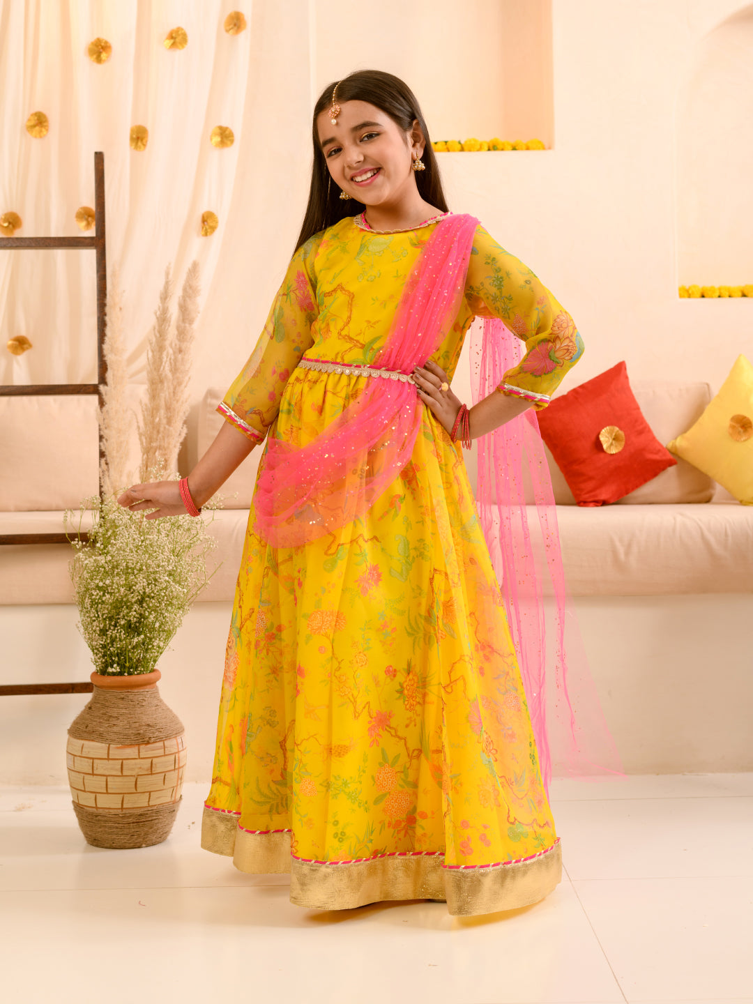 Pspeaches Girls Printed Fit Flare Maxi Ethnic Dress With Dupatta Waist Belt (IW-YELLOWORGANZA)
